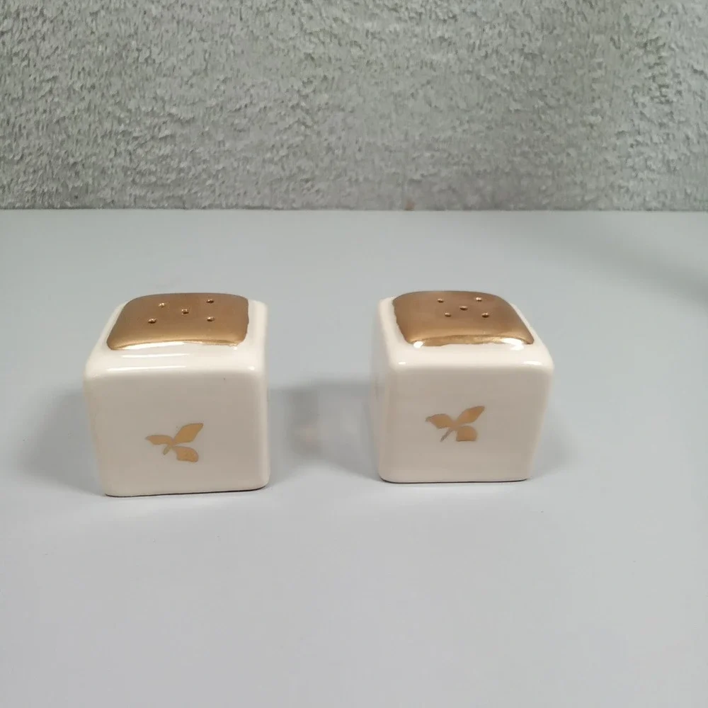 Vintage White Ceramic Cube Salt‎ and Pepper Shakers Gold Butterfly MCM Decor